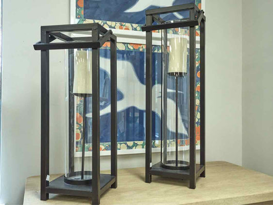 Pair of Pottery Barn Candle Lanterns in Metal & Glass