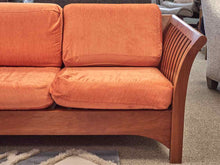 Cherry Shaker Style Slat Sided Sofa with Orange Upholstered Cushions