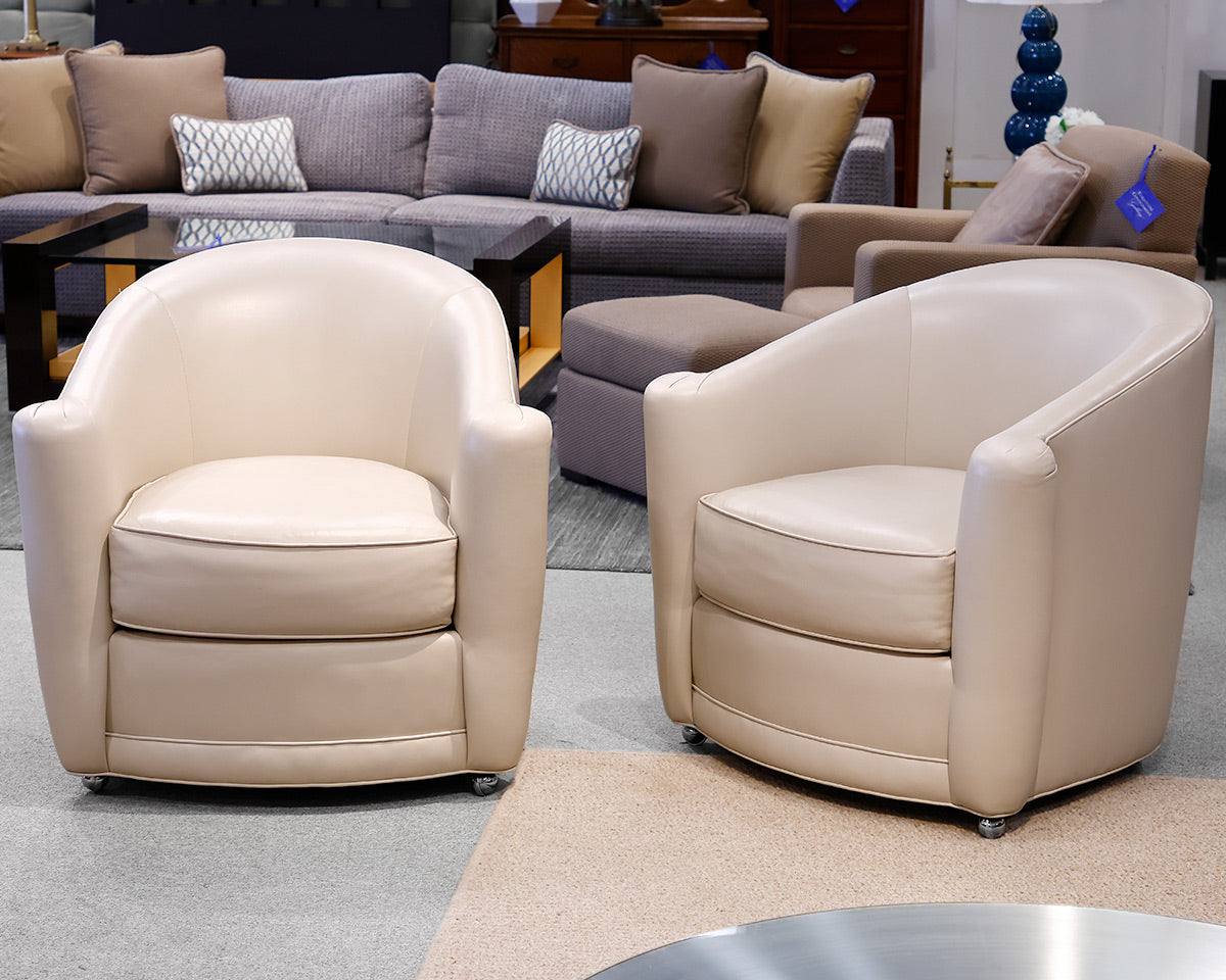 Pair of Kravet Oatmeal Leather Tub Chair w/ Sliver Bun Feet