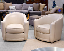 Pair of Kravet Oatmeal Leather Tub Chair w/ Sliver Bun Feet