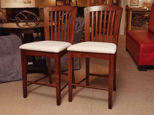 Pair Of Dark Stained Ash Cream Fabric Cushion Counter Stools