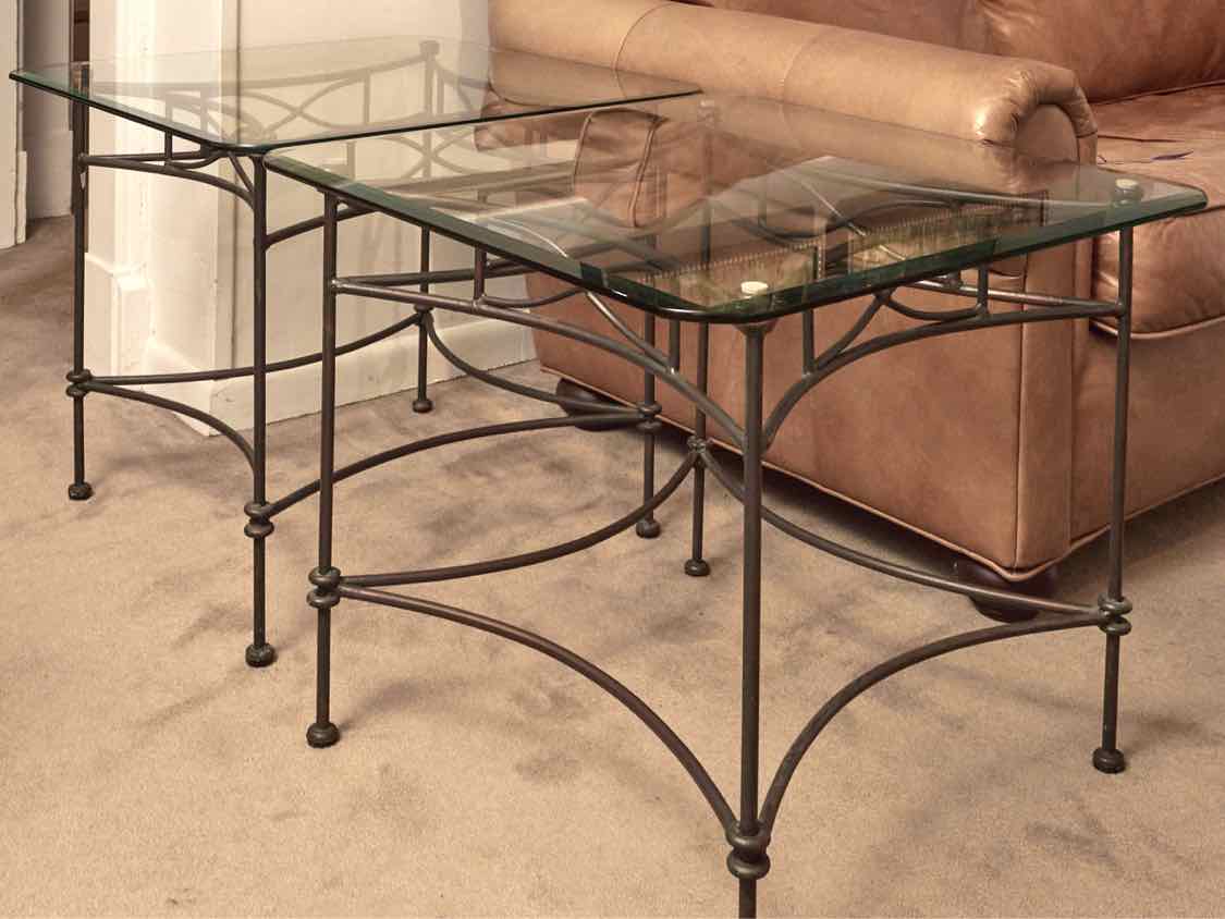 Set Of Glass Top Black Metal Base Cocktail Table & Pair Of Side Tables
