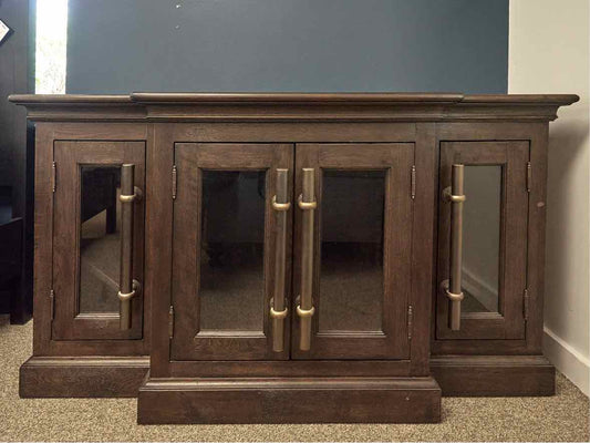 RH Brass Pull Bar Media Console w/Glass Doors & Dark Wood Finish
