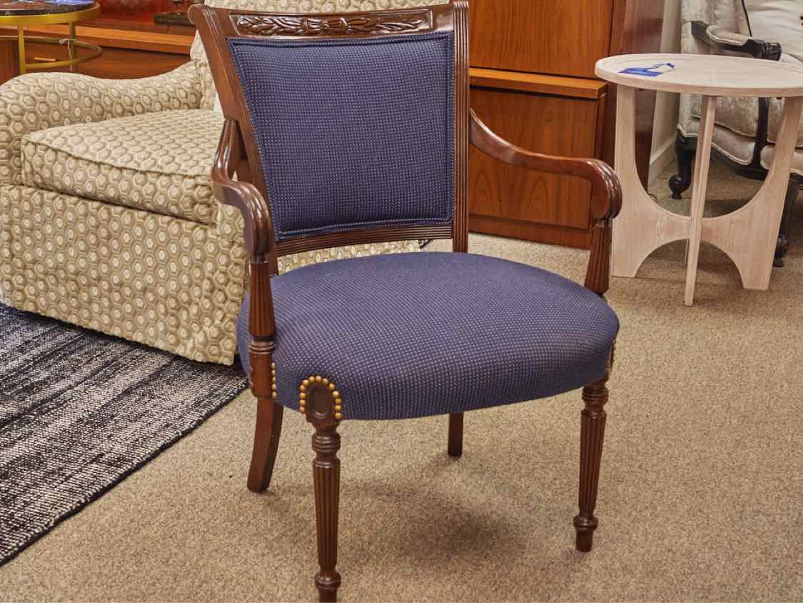 Mahogany  Arm Chair with Carving in Navy Blue Upholstery with Nailhead Trim
