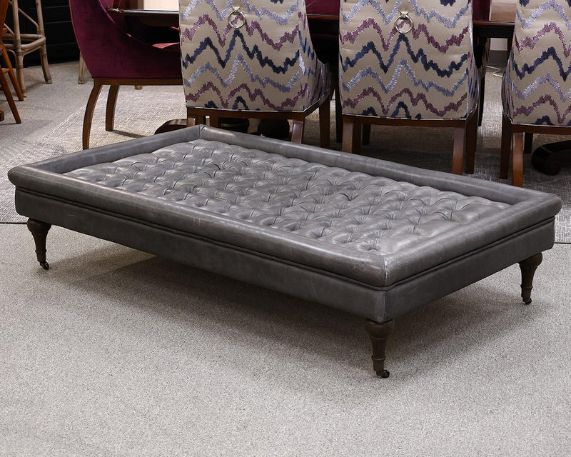 RH Tufted Grey Leather Ottoman on Casters