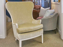 Mitchell Gold White Wash Frame Wing Chair Upholstered in Chamagne Gold Velvet