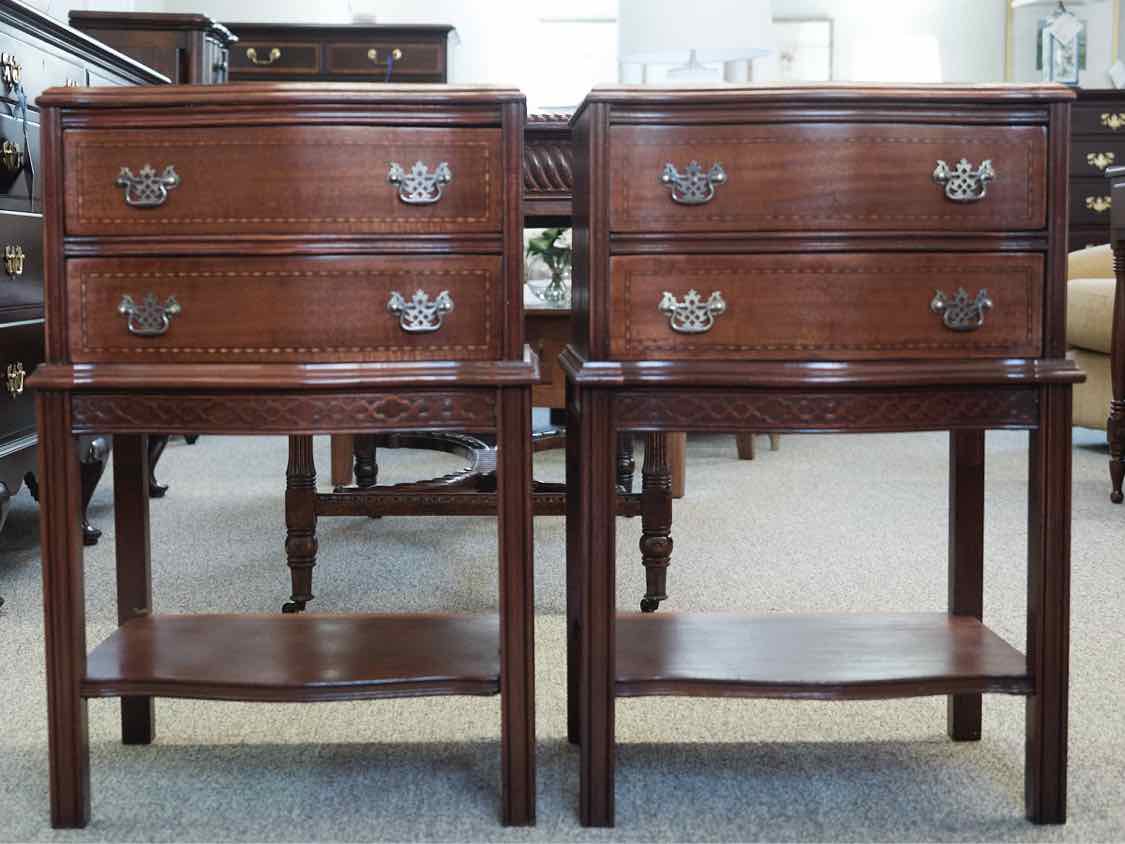 Pair of Mahogany Inlay Nightstands with 2 Drawers & Shelf