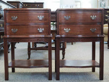 Pair of Mahogany Inlay Nightstands with 2 Drawers & Shelf