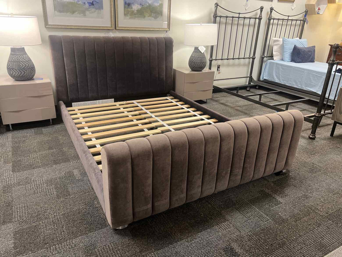 CB2 Grey Upholstered Queen Bed