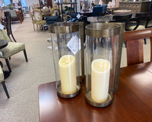Pair of Antique Gold & Glass Hurricanes W/ Candles