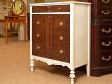 Walnut & Arctic White Finish 4 Drawer Chest with Carved Accents