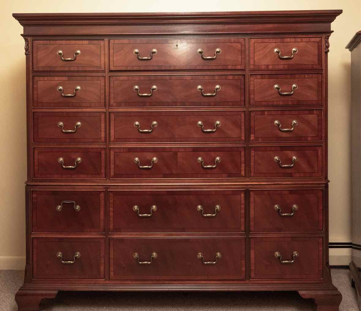 Ethan Allen Mahogany 18 Drawer Chest on Chest with Brass Chippendale  Handle