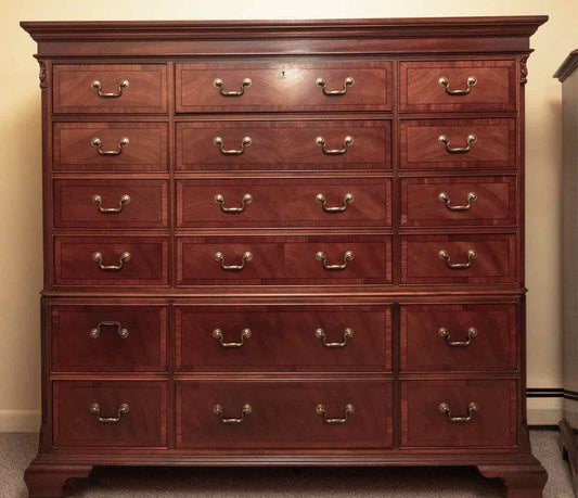 Ethan Allen Mahogany 18 Drawer Chest on Chest with Brass Chippendale  Handle