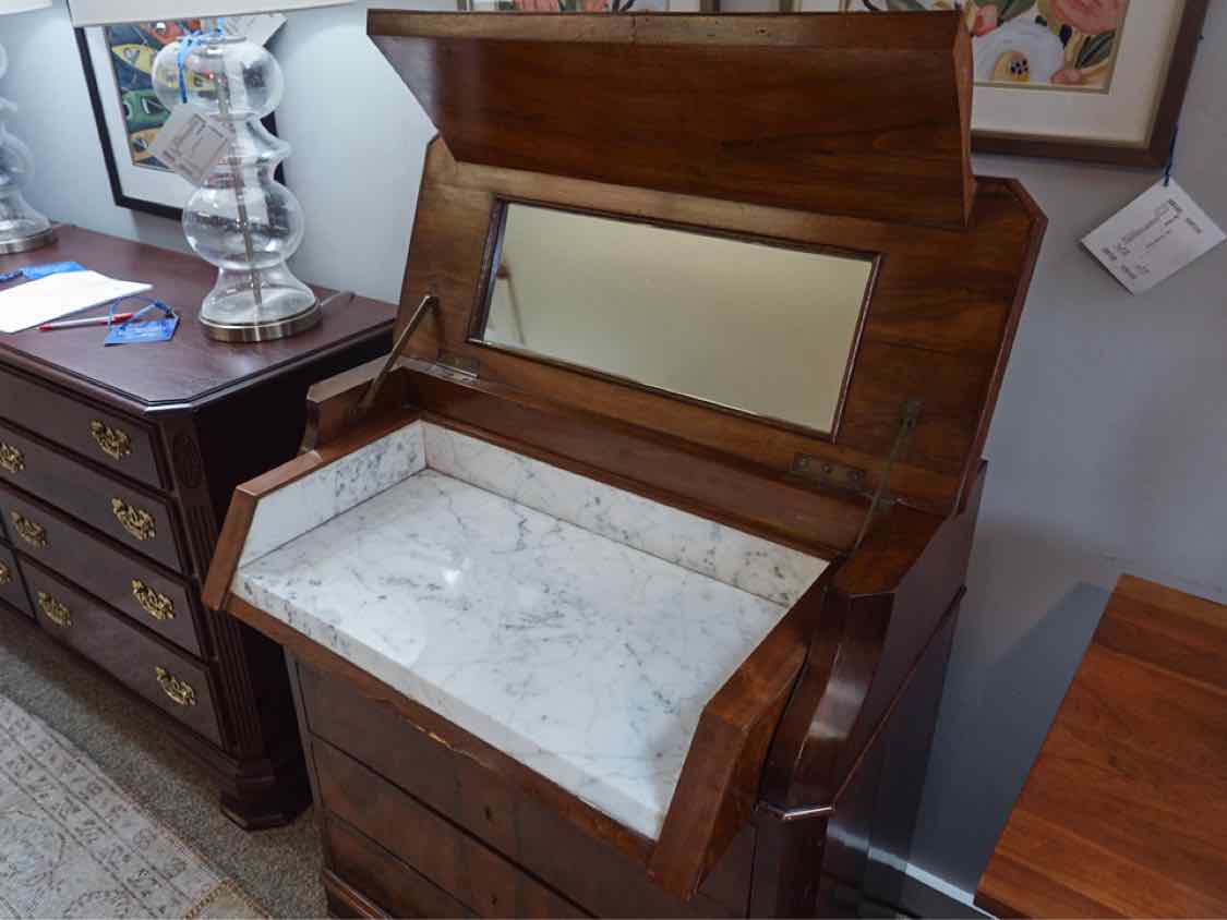 Walnut Antique White Marble Flip Top Dressing Chest