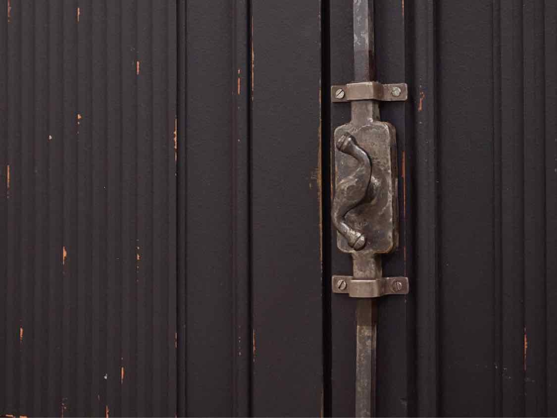 Arhaus Distressed Black Console with Pewter Latch & Trim