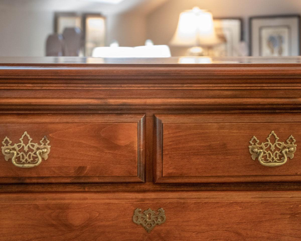 Cherry Wood Six Drawer Chest On Chest In Chestnut Finish W/ Brass Bail Pulls