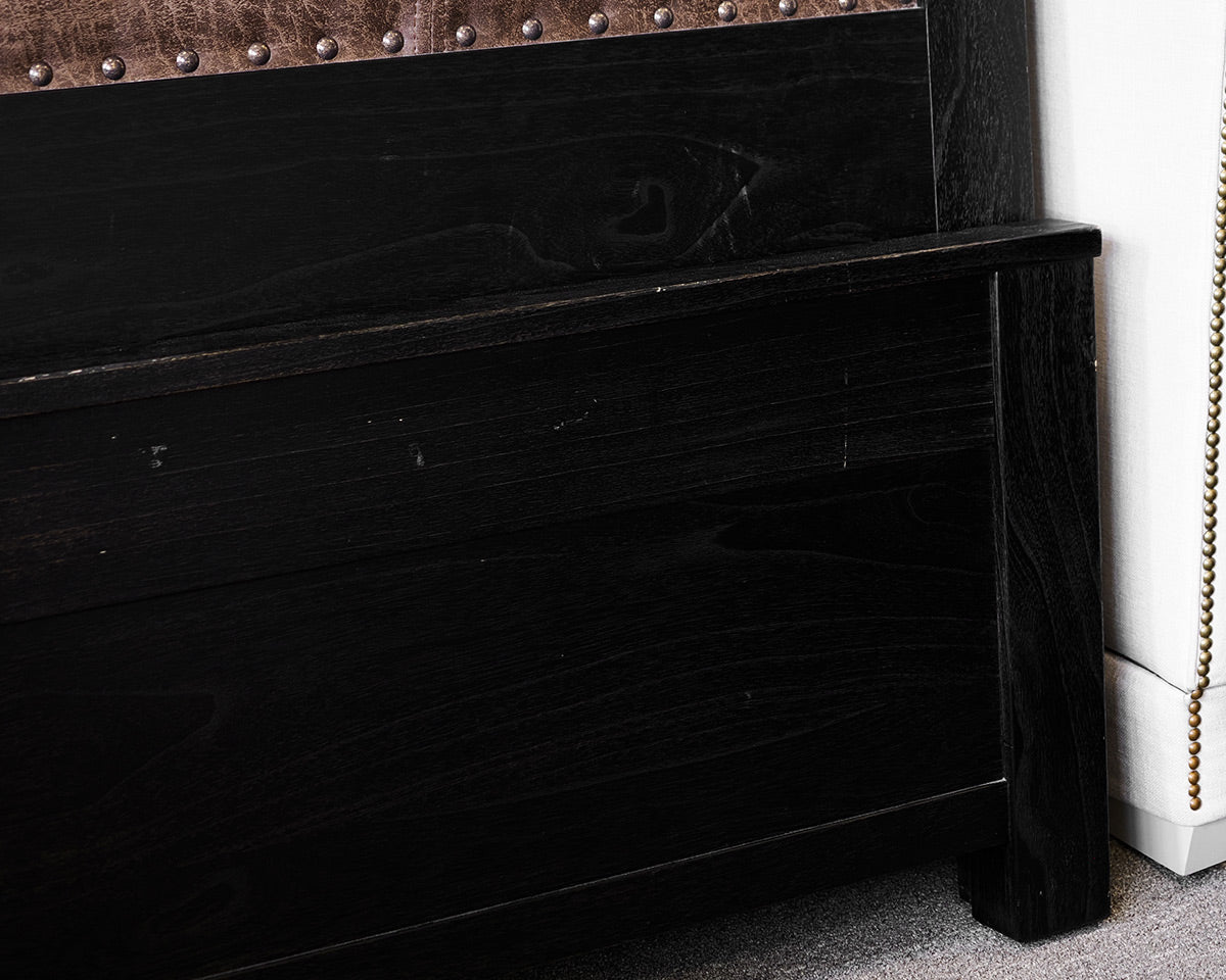 Arhaus Queen Distressed Storage Bed Frame With Leather Detailing