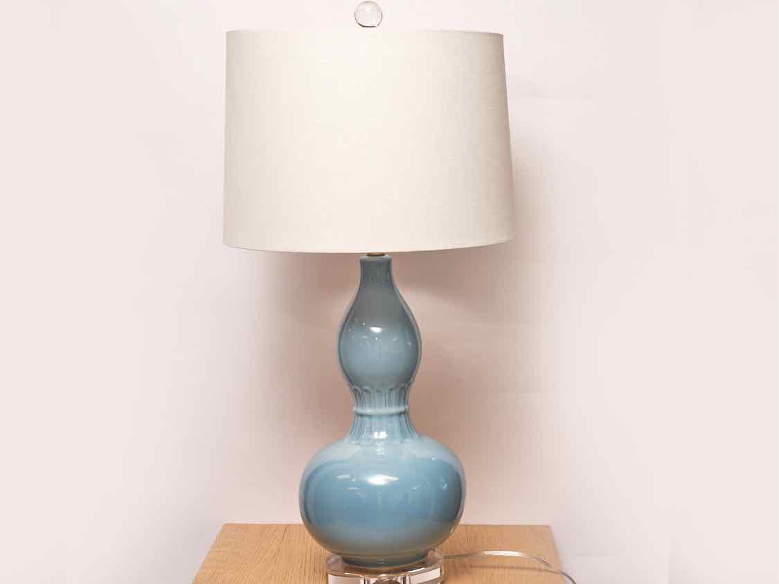 Ice Blue Gourd Table Lamp with Sheer White Linen Retro Drum Shade