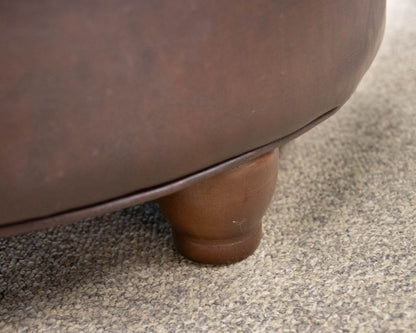 Round Button-Tufted Storage Ottoman in Dark Brown Faux Leather
