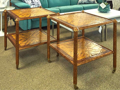 Pair of Gilded Square Side Tables on Casters with Decorative Top and Shelf