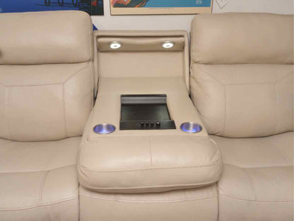 Motomotion Home Theater Ivory Leather Drop Down Console Power Recliner Sofa