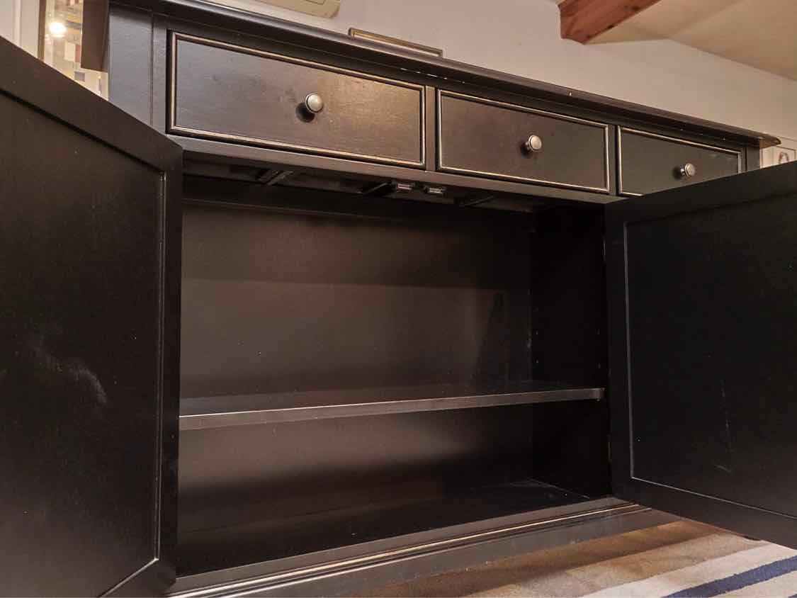 Black Finish Distressed Accents 3 Drawer 3 Door Console