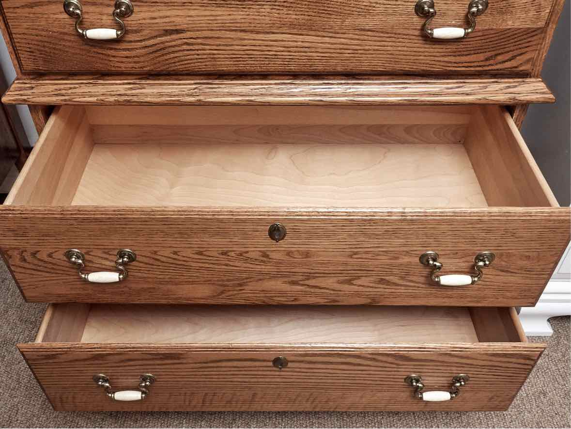 Jamestown Sterling Oak 5 Drawer Chest on Chest with Brass & Porcelian Handles