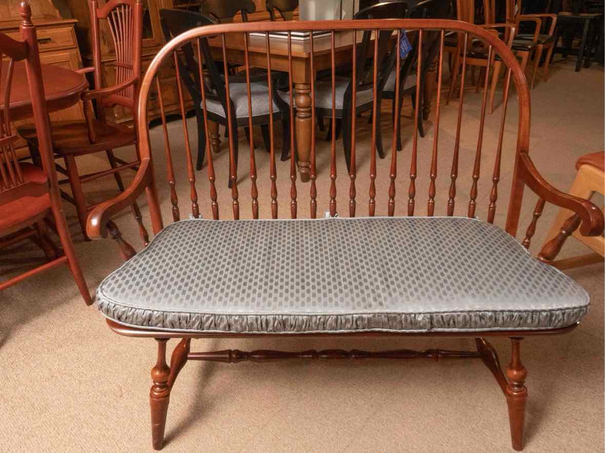 Cherry Windsor Arm Bench with Teal Seat Cushion