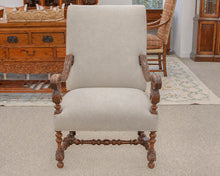Carved Woodframe Armchair with Cream Linen Upholstery