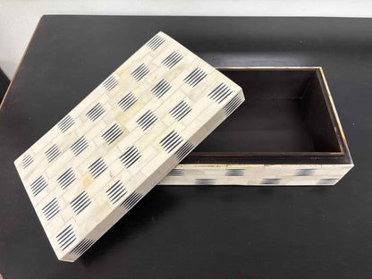 Medium Decorative Bone Box in Ivory with Black Stripe Accents