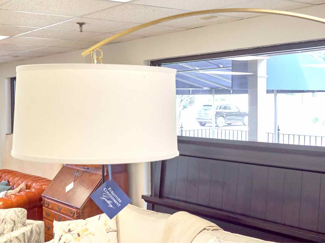 Arch Brass Finish Floor Lamp with White Stone Base and Drum Shade