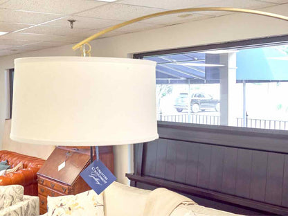 Arch Brass Finish Floor Lamp with White Stone Base and Drum Shade