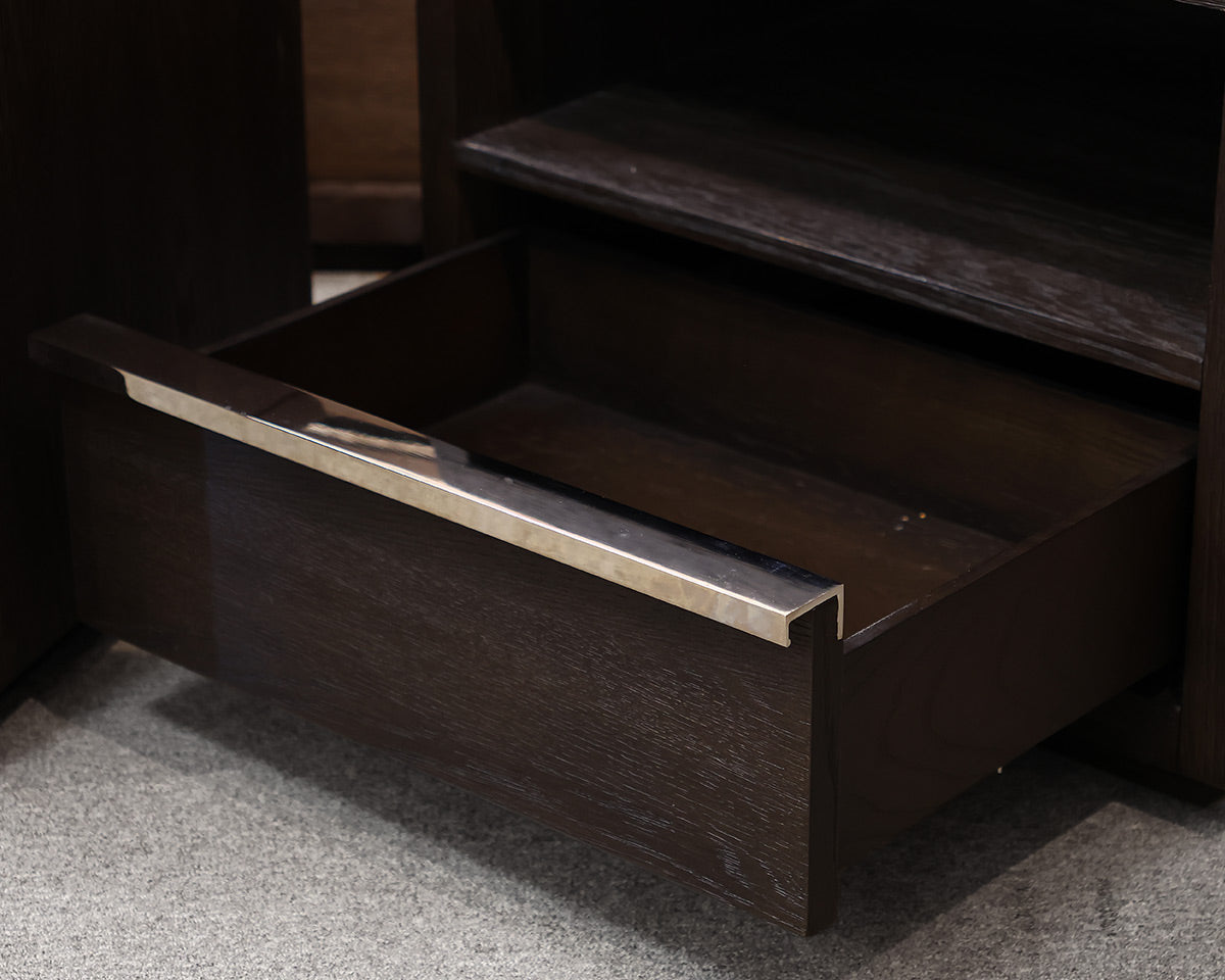 Pair of Restoration Hardware Bezier 26" Open Nightstands in Brown Oak & Steel