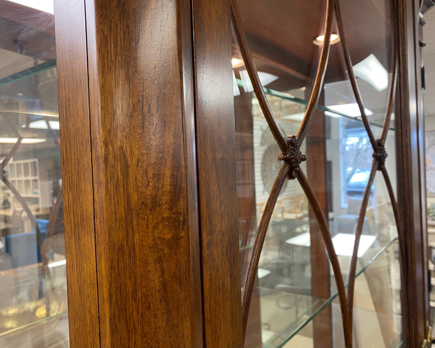 Serpentine Front Lighted Inlaid Display Cabinet with Brass Pulls