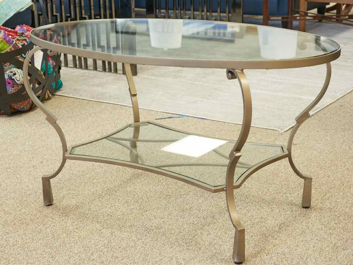 Oval Brass Finish Cocktail Table with Glass Top