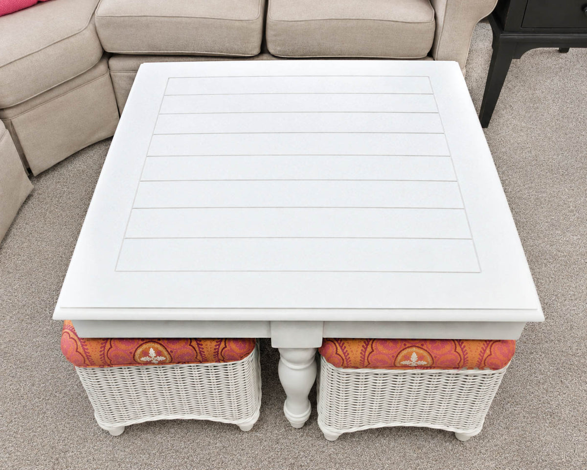 Capris Furniture Hassock Cocktail Table in White Wood & Wicker