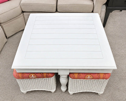 Capris Furniture Hassock Cocktail Table in White Wood & Wicker