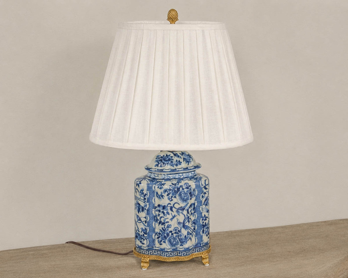 Blue & White Porcelain Vintage Jar Table Lamp with Brass Base & Finial