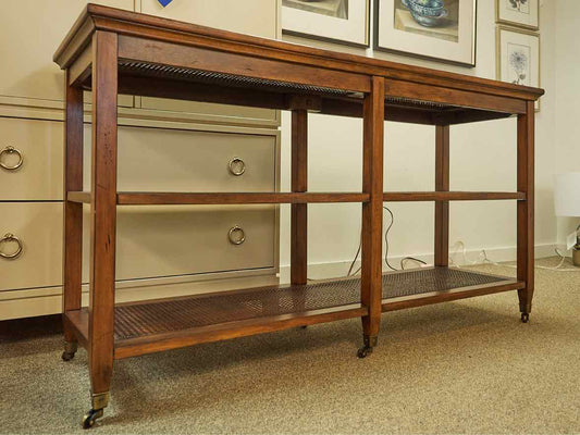 Elm Wood Console w/ Wood Cane Panel Design  & Glass Top  on Casters