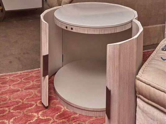 White Washed Oak Round  2 Door  Travertine Insert Accent Table