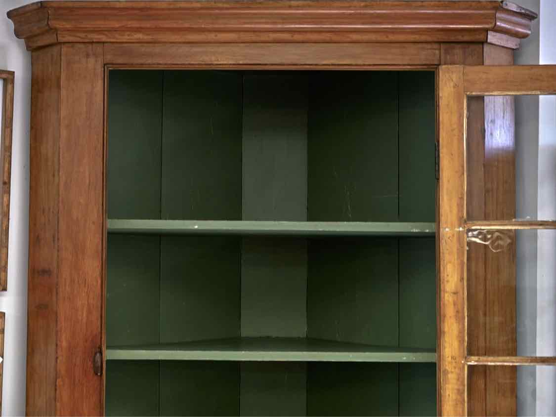 Fir Glass Pane Door Corner Cabinet with Painted Dandelion Green Finish  Interior