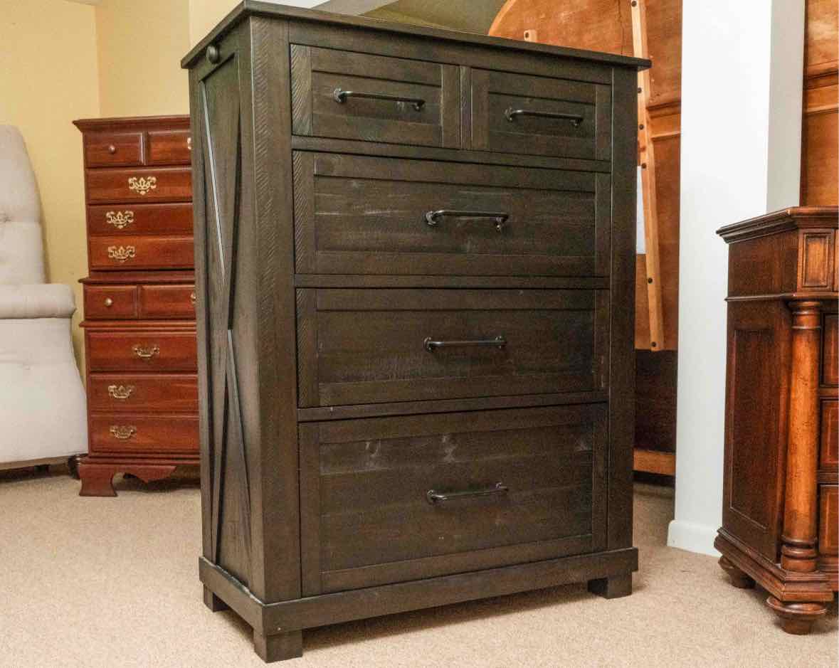 Espresso Finish Plank 2 Over 3 Drawer Chest with Metal Handle Pulls