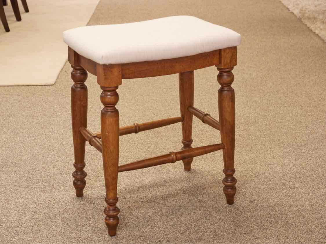 Pair of Linen Seat Counter Stools on Medium Finish Wood Frame