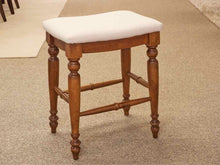 Pair of Linen Seat Counter Stools on Medium Finish Wood Frame