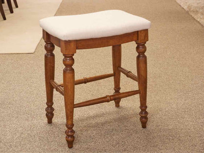 Pair of Linen Seat Counter Stools on Medium Finish Wood Frame