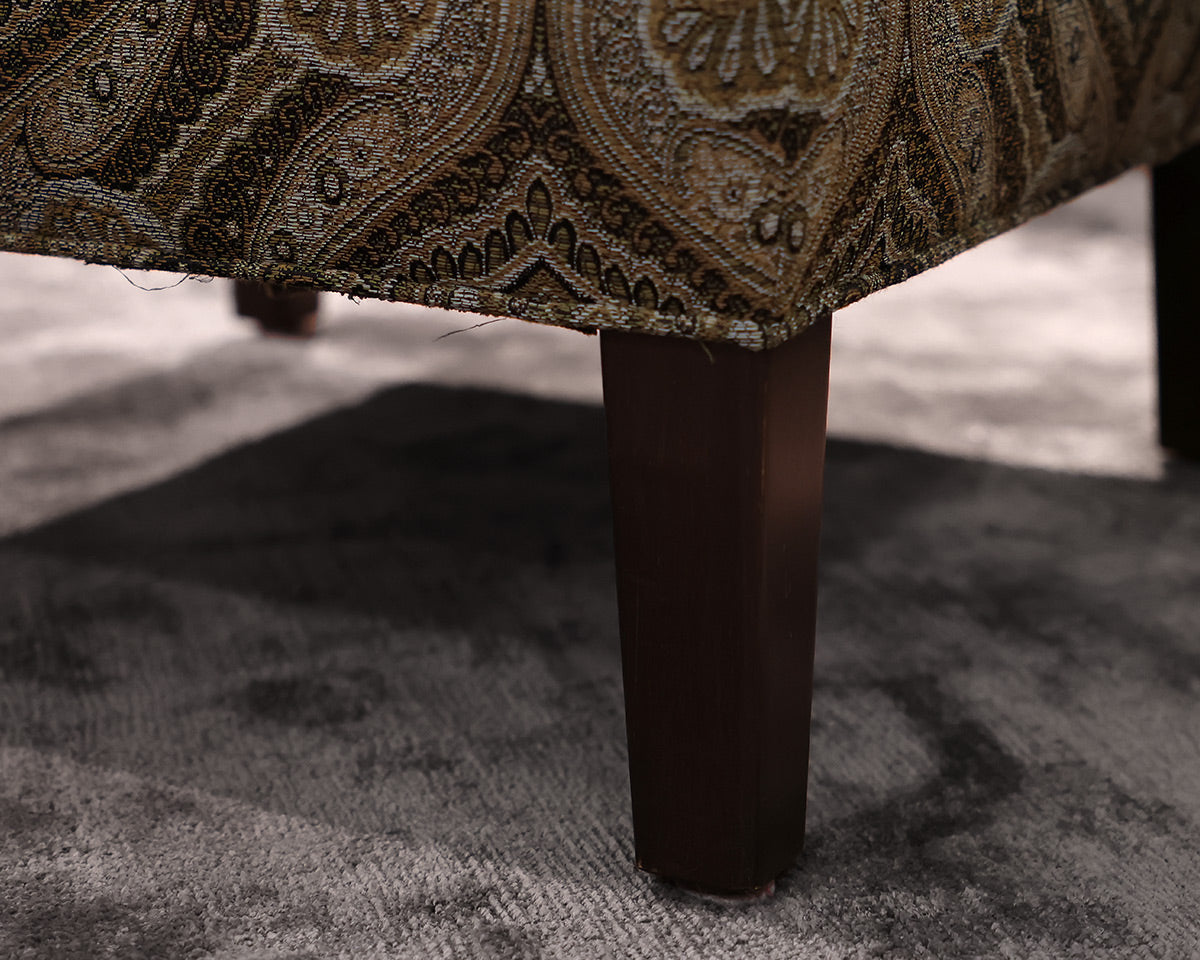 Pair of Ethan Allen Paisley Ottomans in Black, Grey & Gold