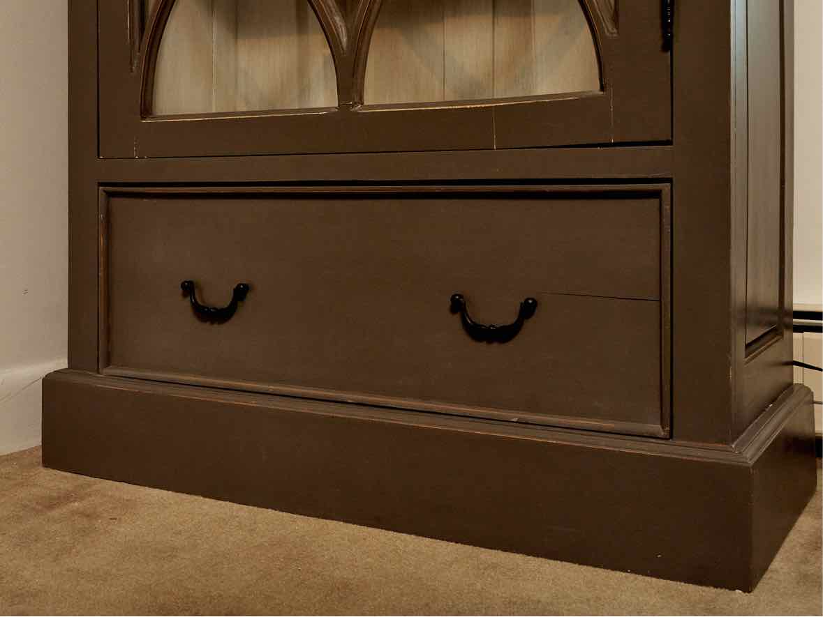 Colonial Grey Finish Glass Door & Drawer Display Cabinet