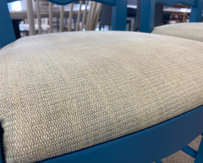 Set of 3 Ethan Allen Peacock Blue Finish Bar Stools with Upholstered Seats