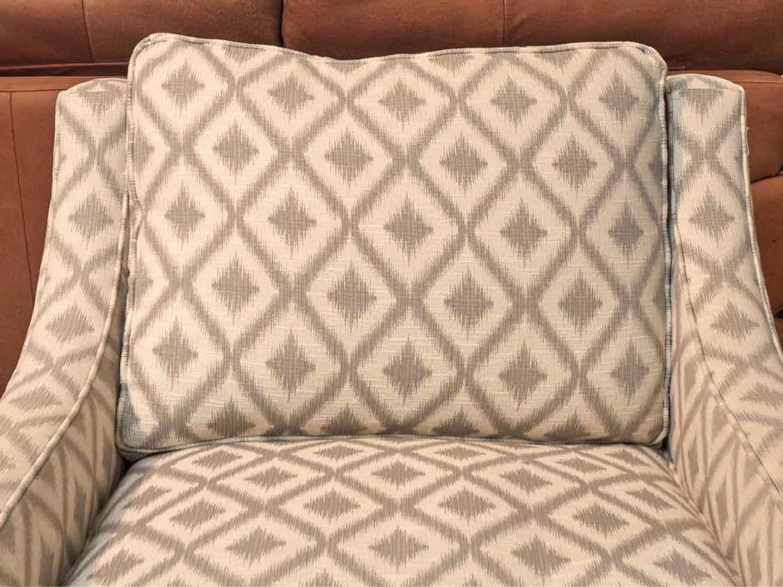 Pair of Basset Track Arm Chairs in Ivory & Grey Diamond Uphostery Feather & Down