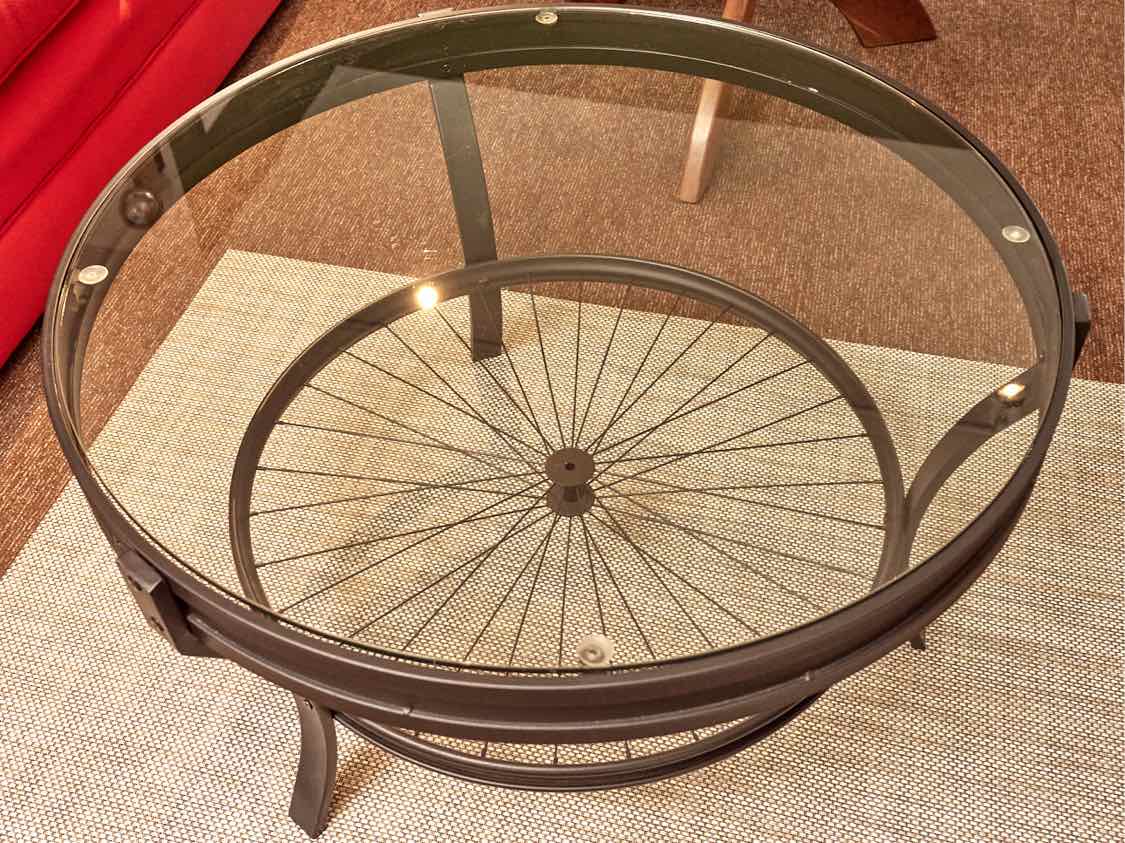 Round Glass Top Cocktail Table Black Finish Aluminum Bicycle Wheel Base